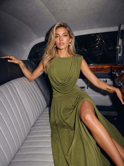 Elegant Draped Ruched High Slit Party Maxi Dress