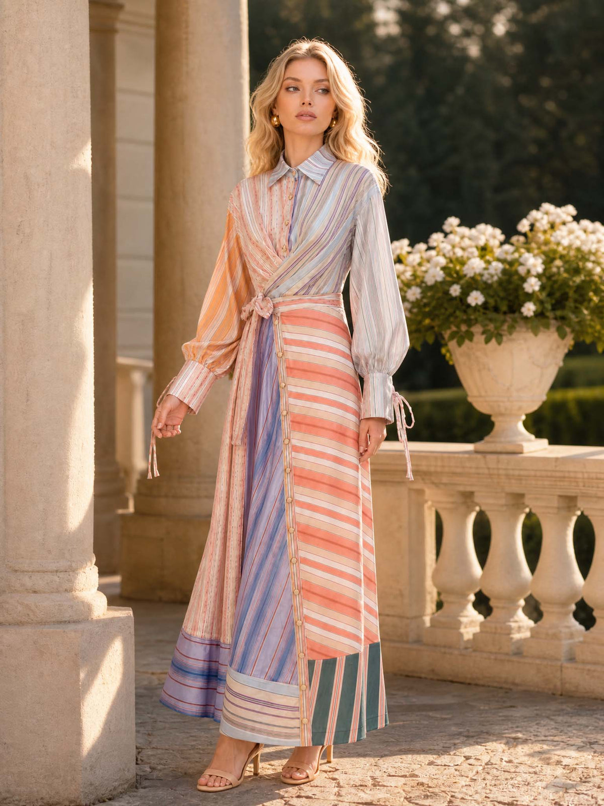 Multicolor Patchwork Stripe Print Long Sleeve Tie Maxi Shirt Dress