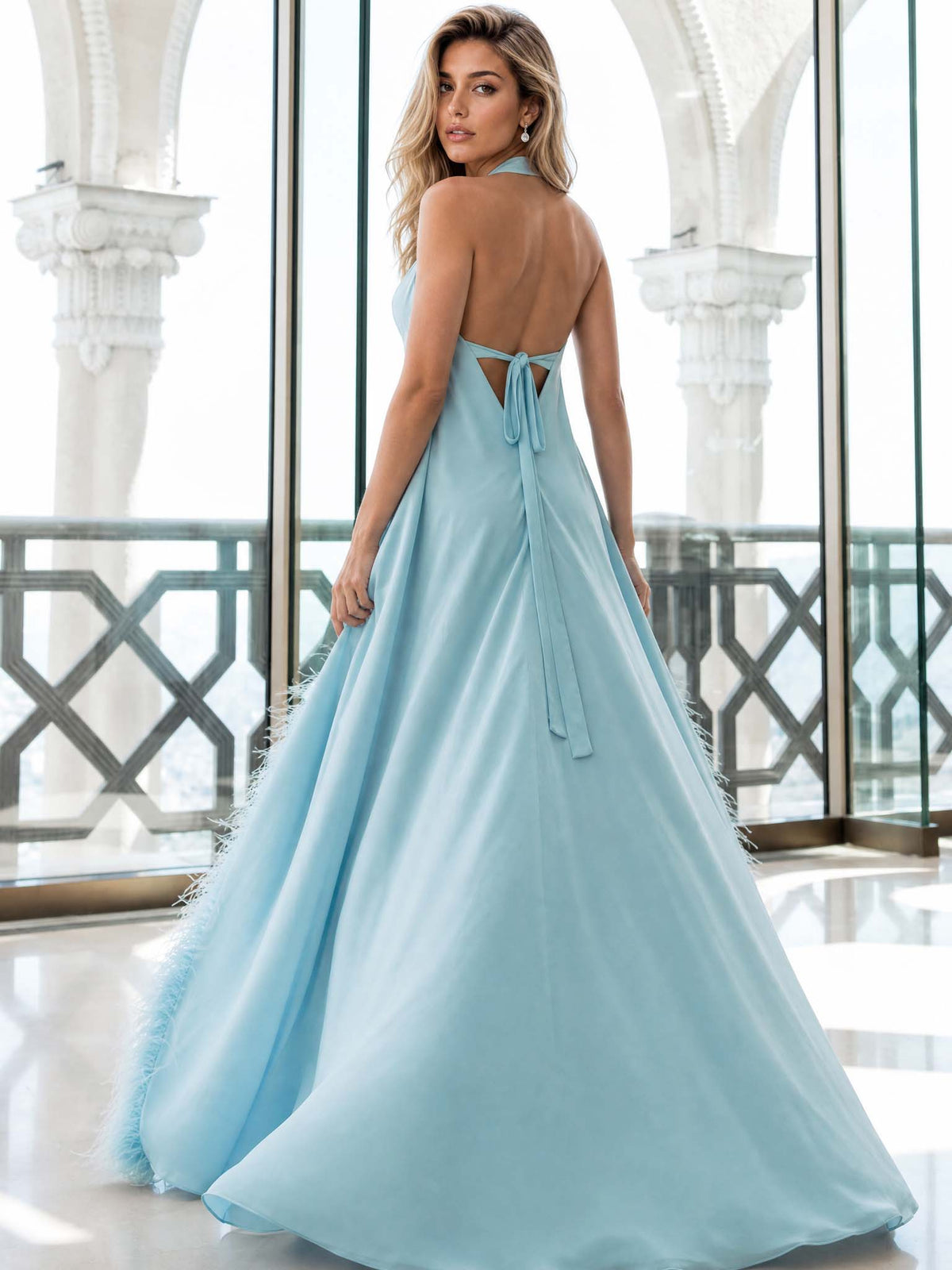 Elegant Halter Neck Sleeveless Feather Trim Satin Maxi Dress