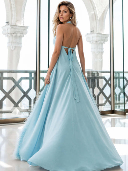 Elegant Halter Neck Sleeveless Feather Trim Satin Maxi Dress