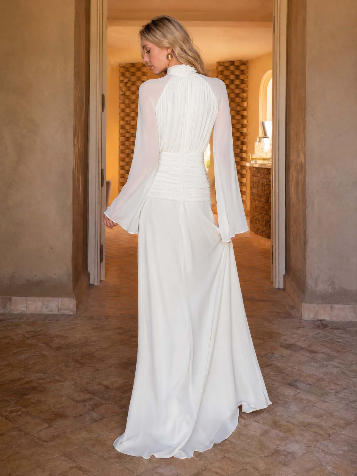 Elegant High Neck Ruched Waist Long Sleeve Maxi Dress