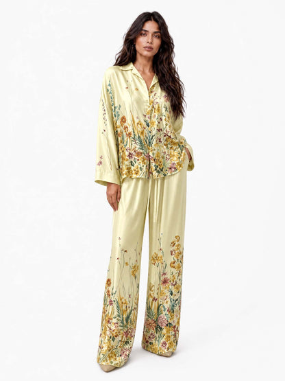 Elegant Floral Print Satin Shirt & Wide Leg Pants Set