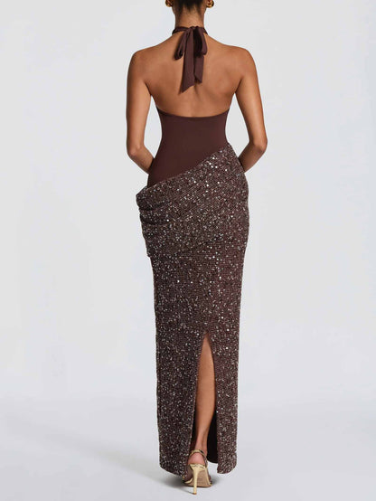 Elegant Cross Halter Cutout Sequined Maxi Dress