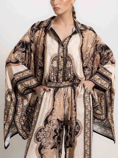 Retro Paisley Print Satin Loose Shirt Two-Piece Set