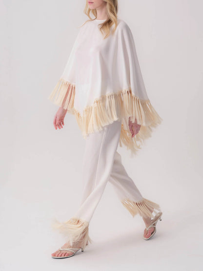 Elegant Fringe Trim Poncho Top & Straight Leg Pants Two-Piece Set