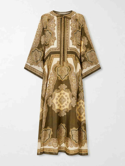 Retro Paisley Print Tie-Neck Side Slit Maxi Dress