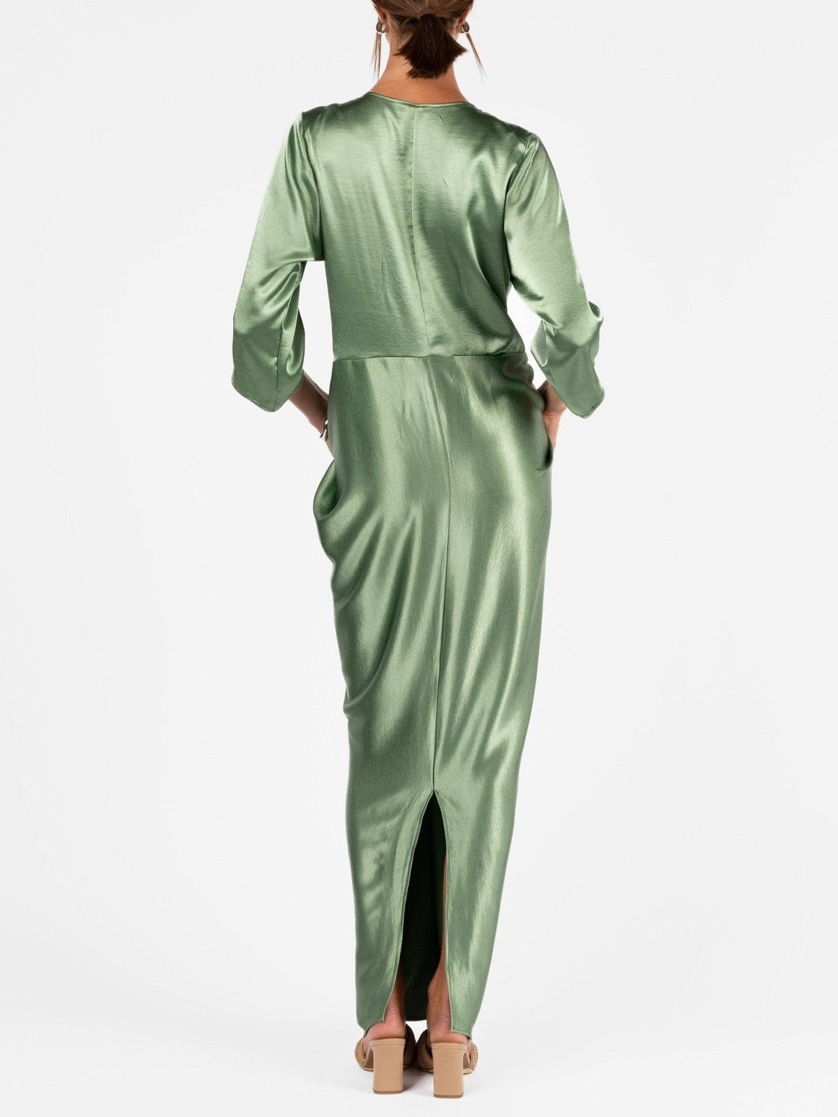 Elegant Satin Deep V Wrap Twist Front Maxi Dress