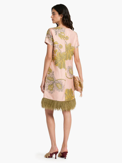 Elegant Printed Feather-Trim Fringe Hem Satin Mini Dress