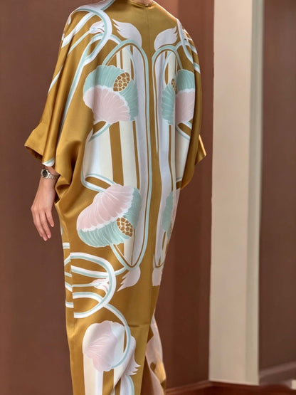 Elegant Floral Print Batwing Sleeve Satin Kaftan Maxi Dress