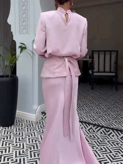 Elegant Satin Top & Embroidered Waistband Skirt Two-Piece Set