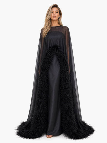 Elegant Feather Trim Chiffon Shawl Black Satin Maxi Dress