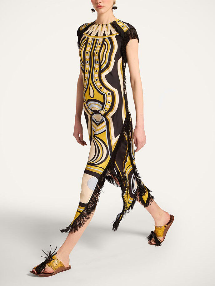 Retro Geometric Print Fringe Trim Asymmetrical Midi Dress