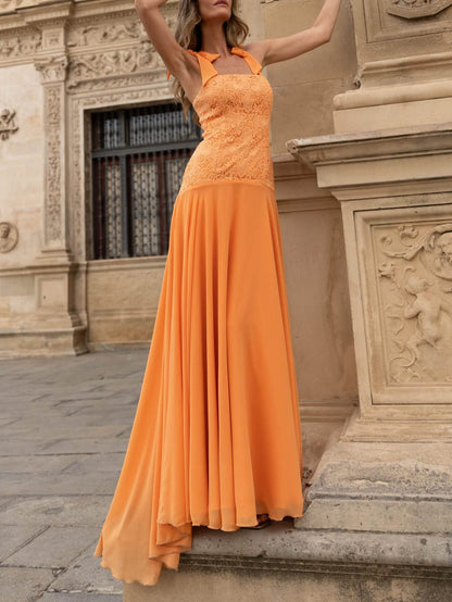 Elegant Lace Bodice Tie-Shoulder Chiffon Maxi Dress