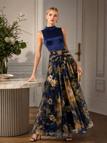 Elegant High Neck Satin Floral Chiffon Maxi Dress