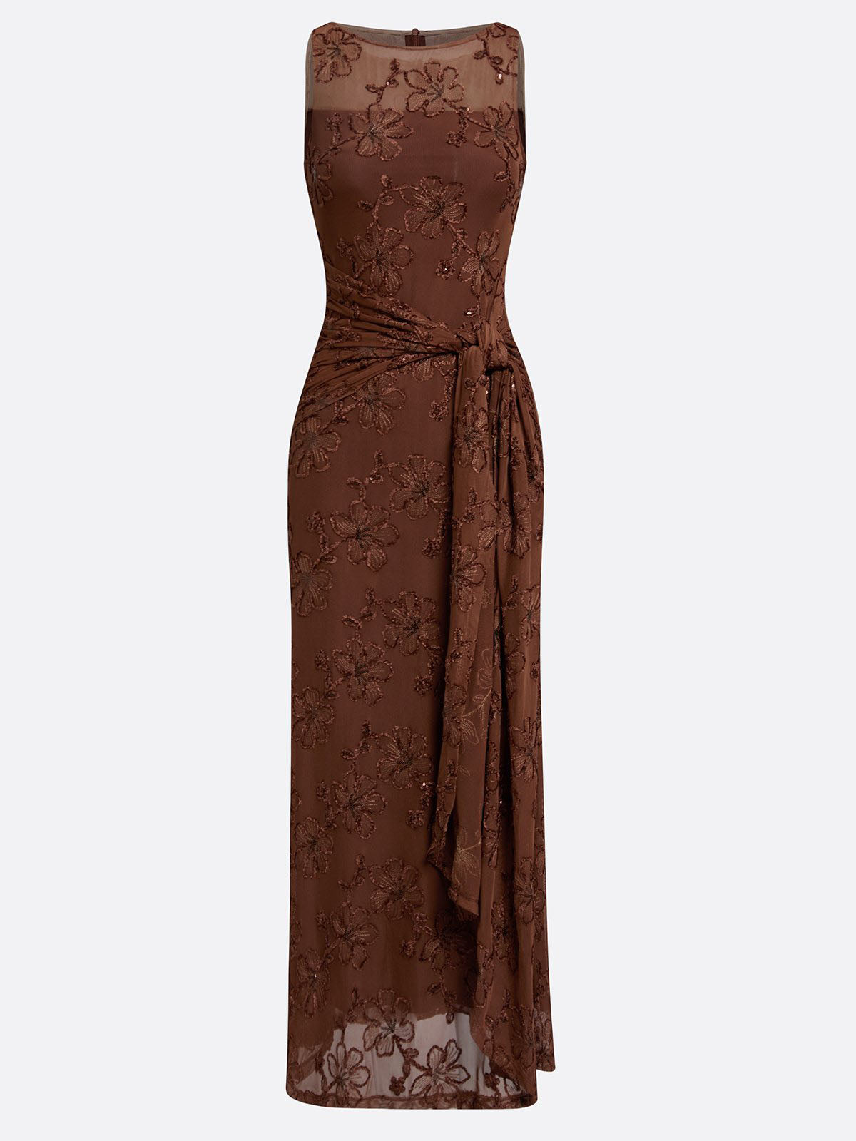 Elegant Floral Embroidered Mesh Ruched Maxi Dress