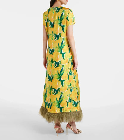 Lemon Blossom Print Feather Hem Midi Dress
