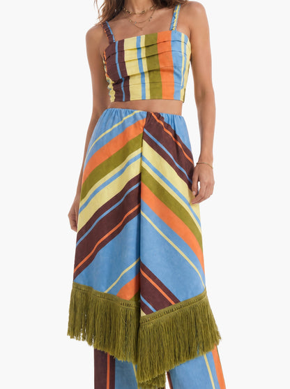 Colorful Striped Crop Top & Fringe Skirt Two-Piece Set