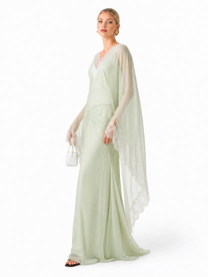 Elegant Lace-Trim Cape Sleeve Ruched Maxi Dress