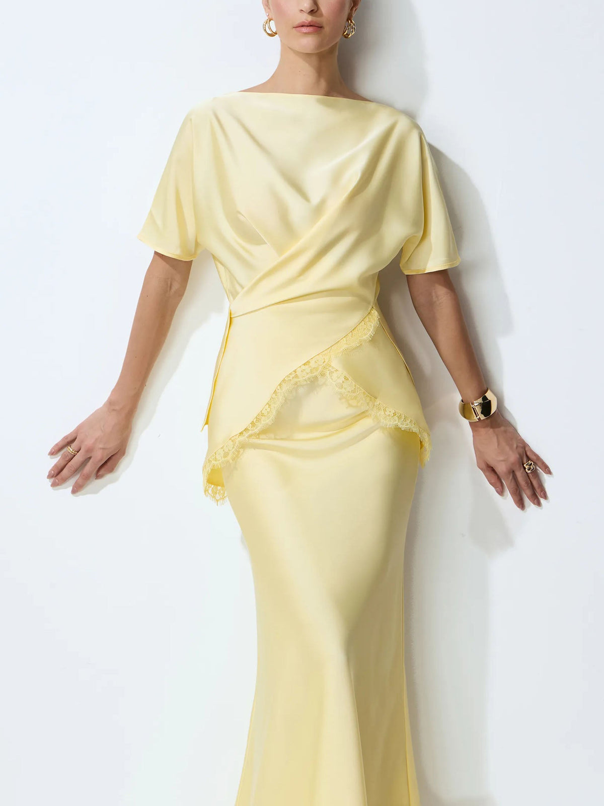 Elegant Draped Satin Lace-Trim Top Two-Piece Set