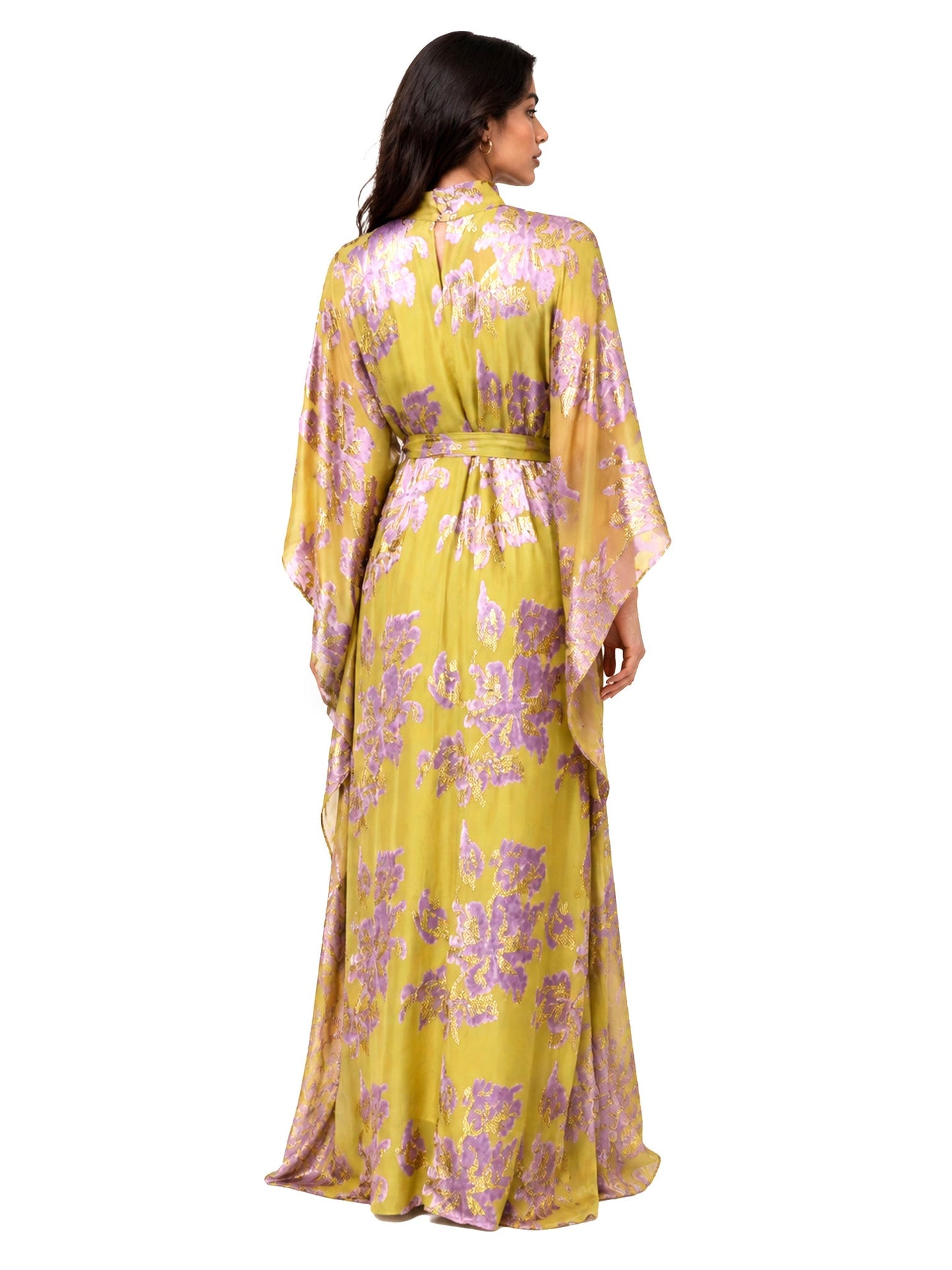 Elegant High Neck Flocked Floral Tie-Waist Kaftan Dress