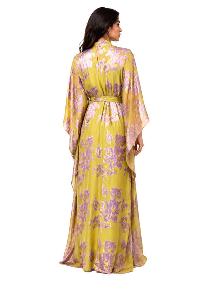 Elegant High Neck Flocked Floral Tie-Waist Kaftan Dress