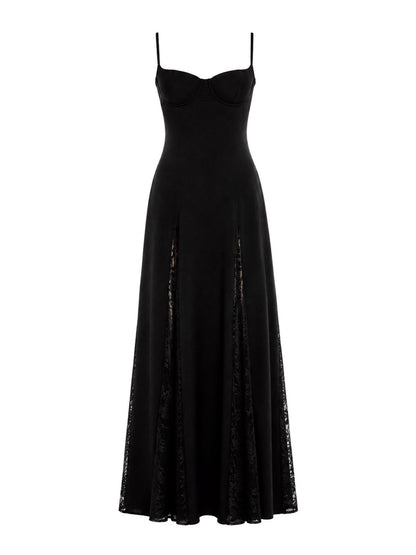 Elegant Satin Lace Patchwork Spaghetti Strap Maxi Dress