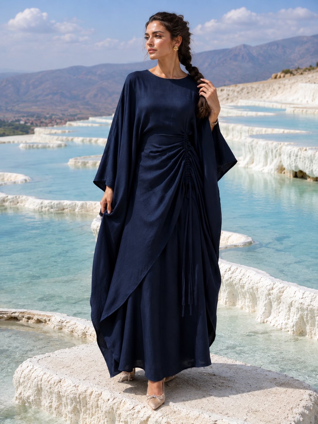 Batwing Sleeve Side Drawstring Tunic Top & Wide‑Leg Pants Two‑Piece Set