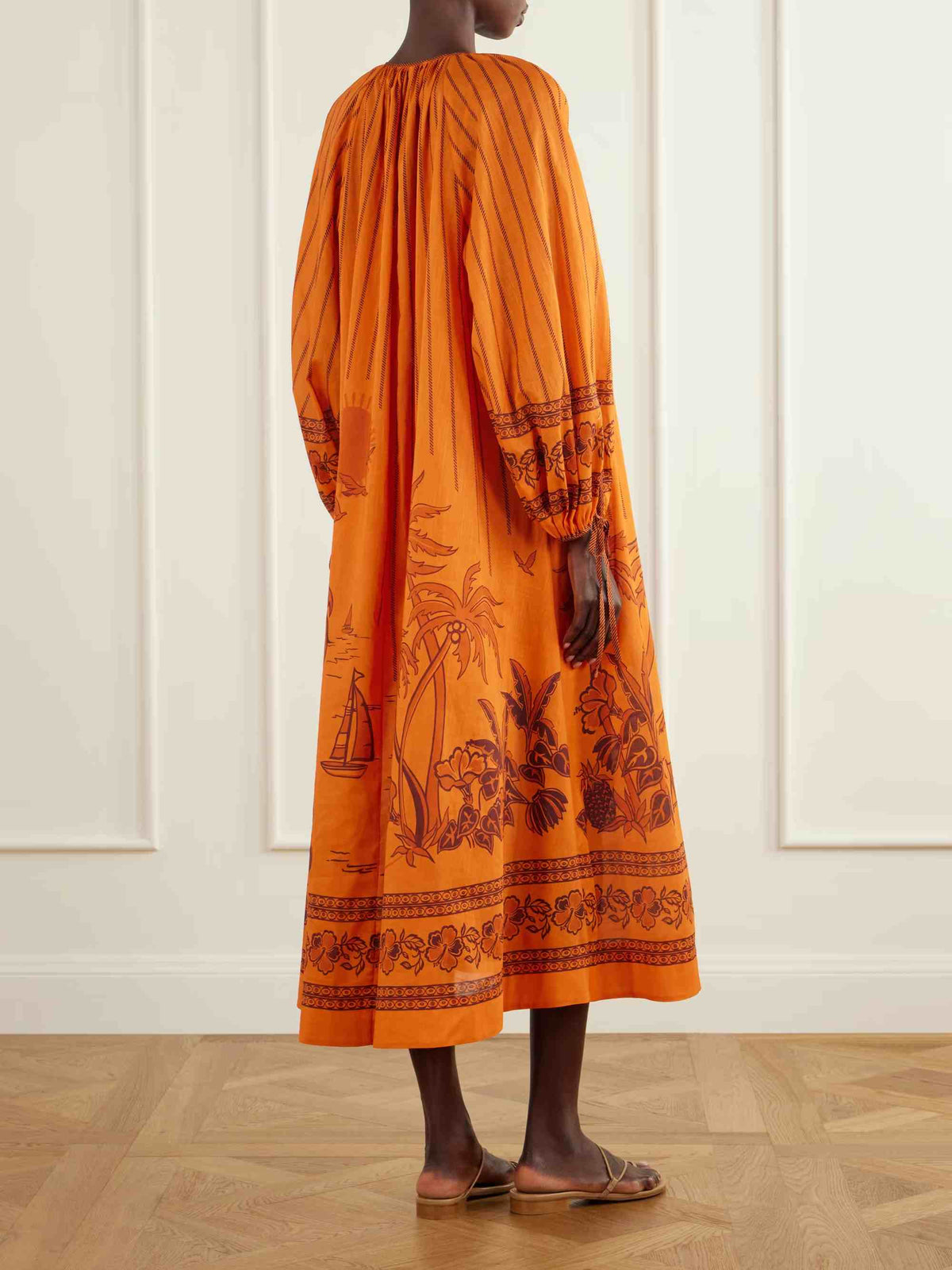 Retro Printed Tie-Neck Loose Maxi Dress