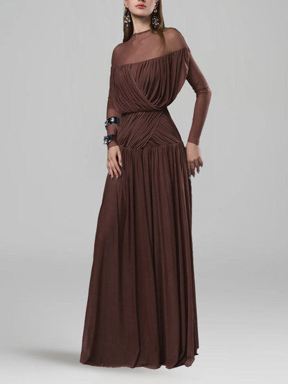 Elegant Ruched Draped Mesh Maxi Dress