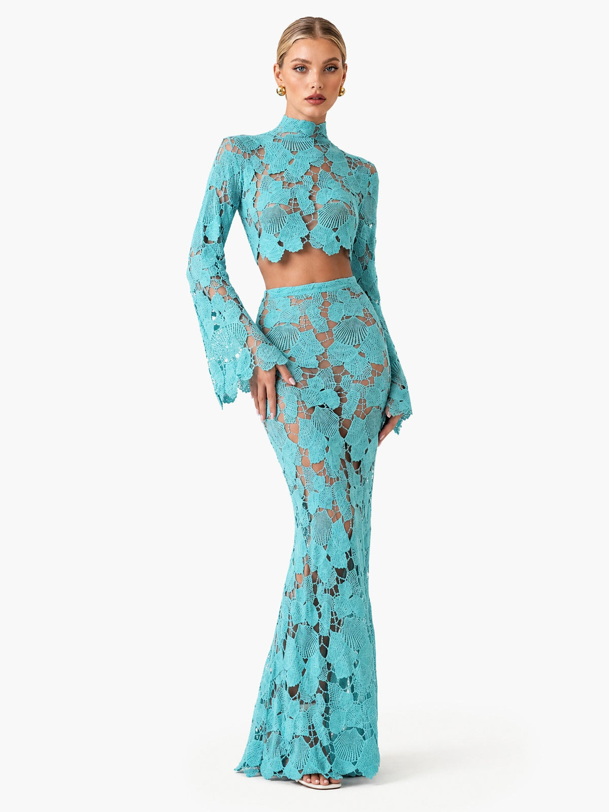 Elegant Turquoise Shell Lace Two-Piece Set