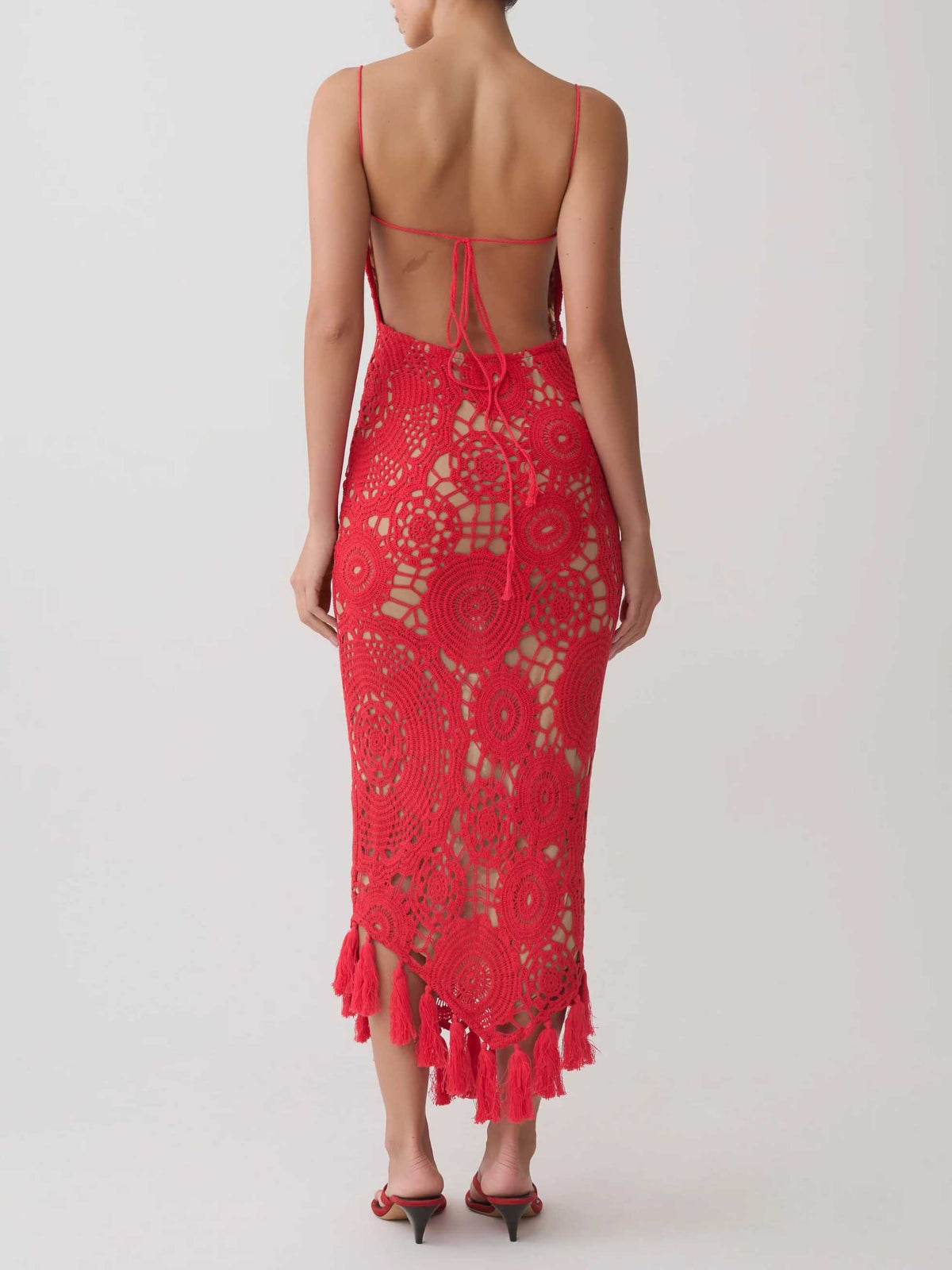 Spaghetti-Strap Crochet Tassel Midi Dress