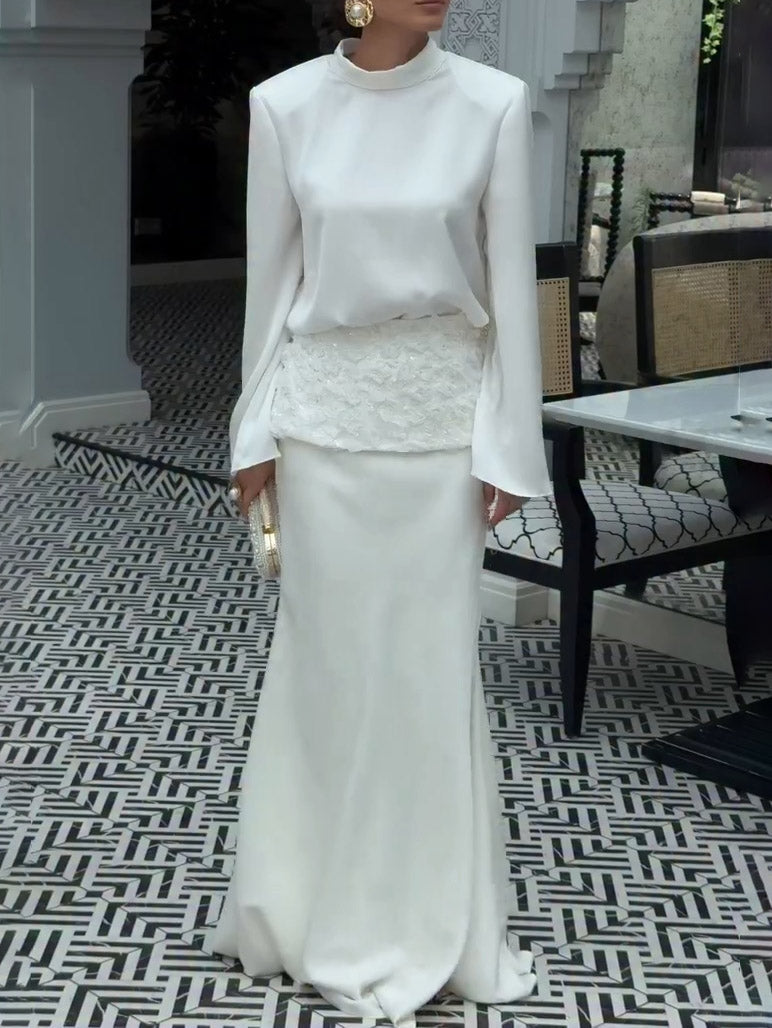 Elegant Satin Top & Embroidered Waistband Skirt Two-Piece Set