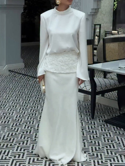 Elegant Satin Top & Embroidered Waistband Skirt Two-Piece Set