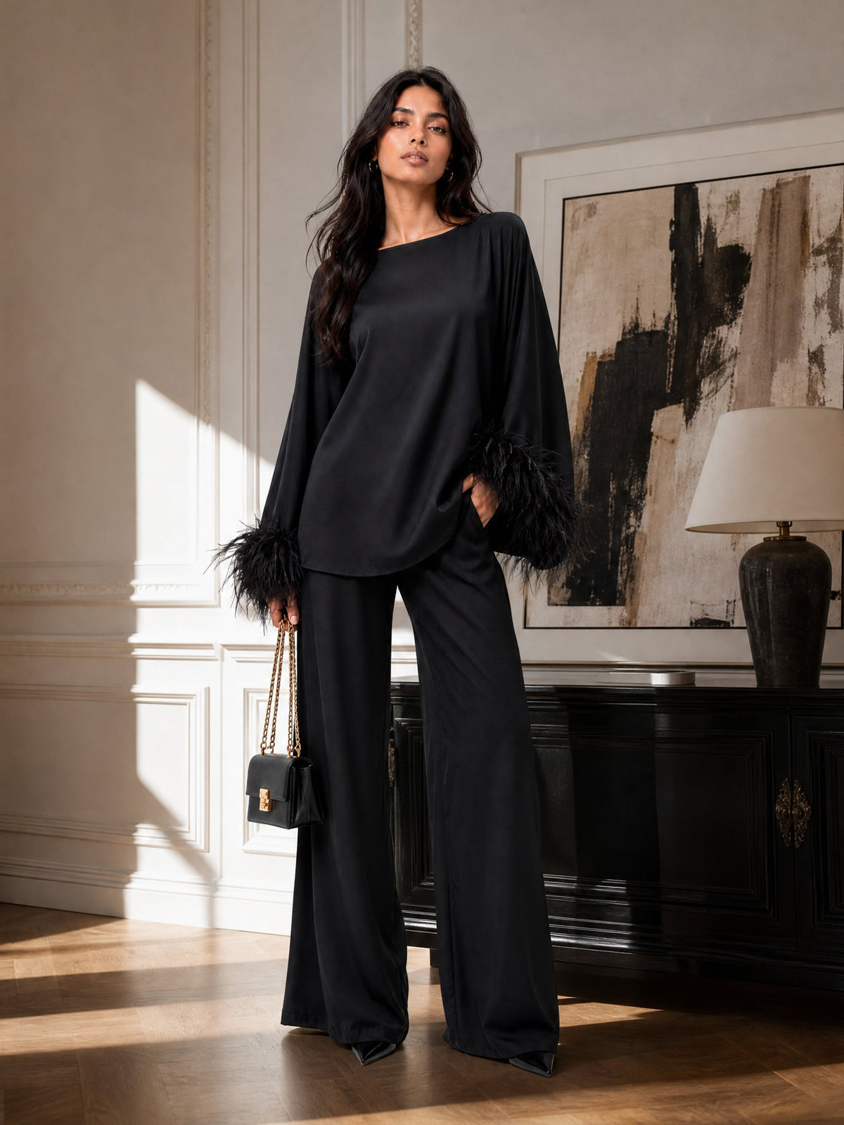 Elegant Feather-Trim Batwing Top & Pants Two-Piece Set