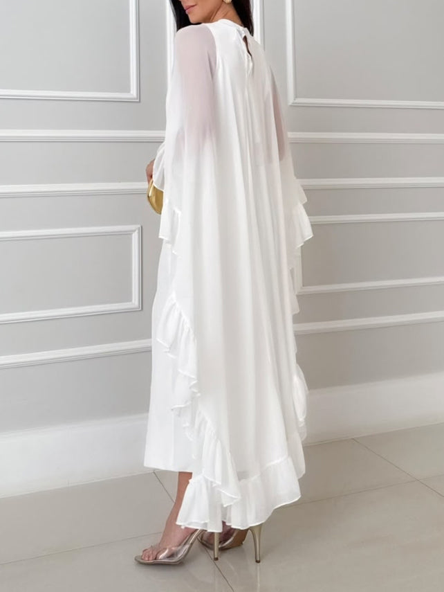 Elegant Ruffle Cape Sleeve Slit Maxi Dress