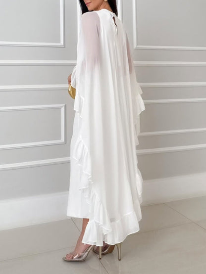 Elegant Ruffle Cape Sleeve Slit Maxi Dress
