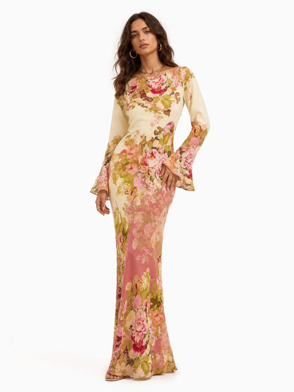 Elegant Floral Print Satin Maxi Dress