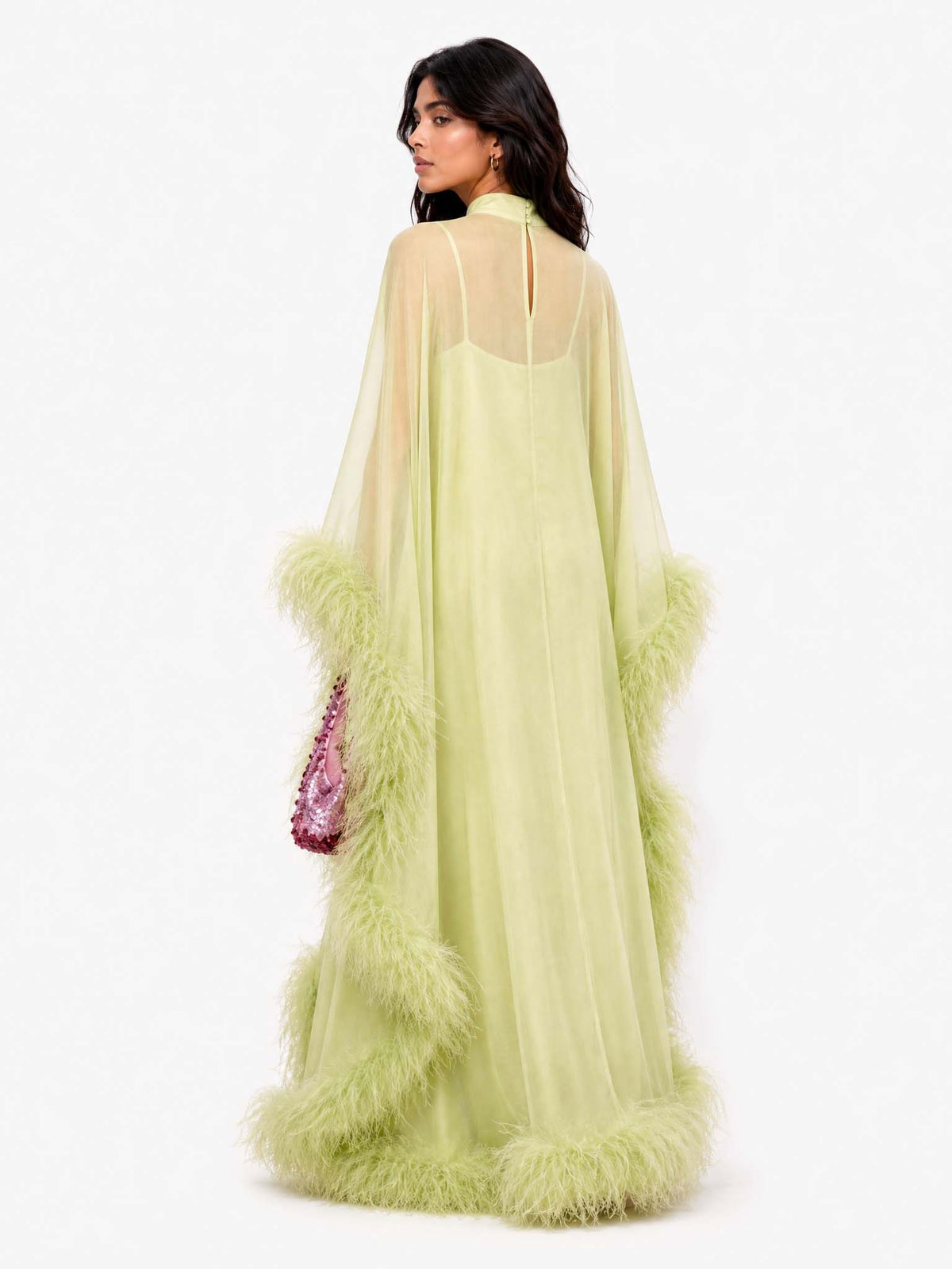 Elegant Feather Trim Sheer Chiffon Cape Maxi Dress