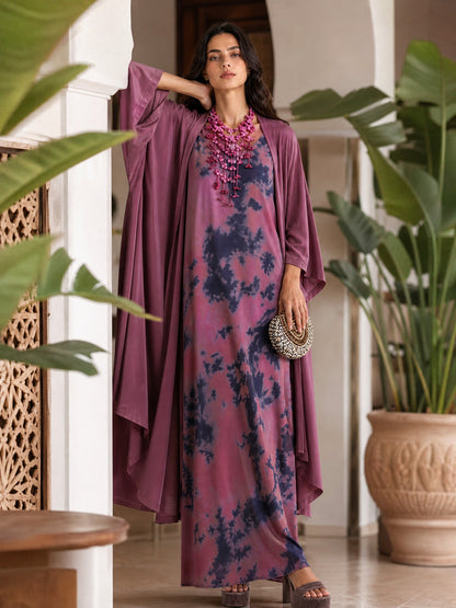 Retro Tie Dye Satin Sleeveless Maxi Dress Two Piece Set