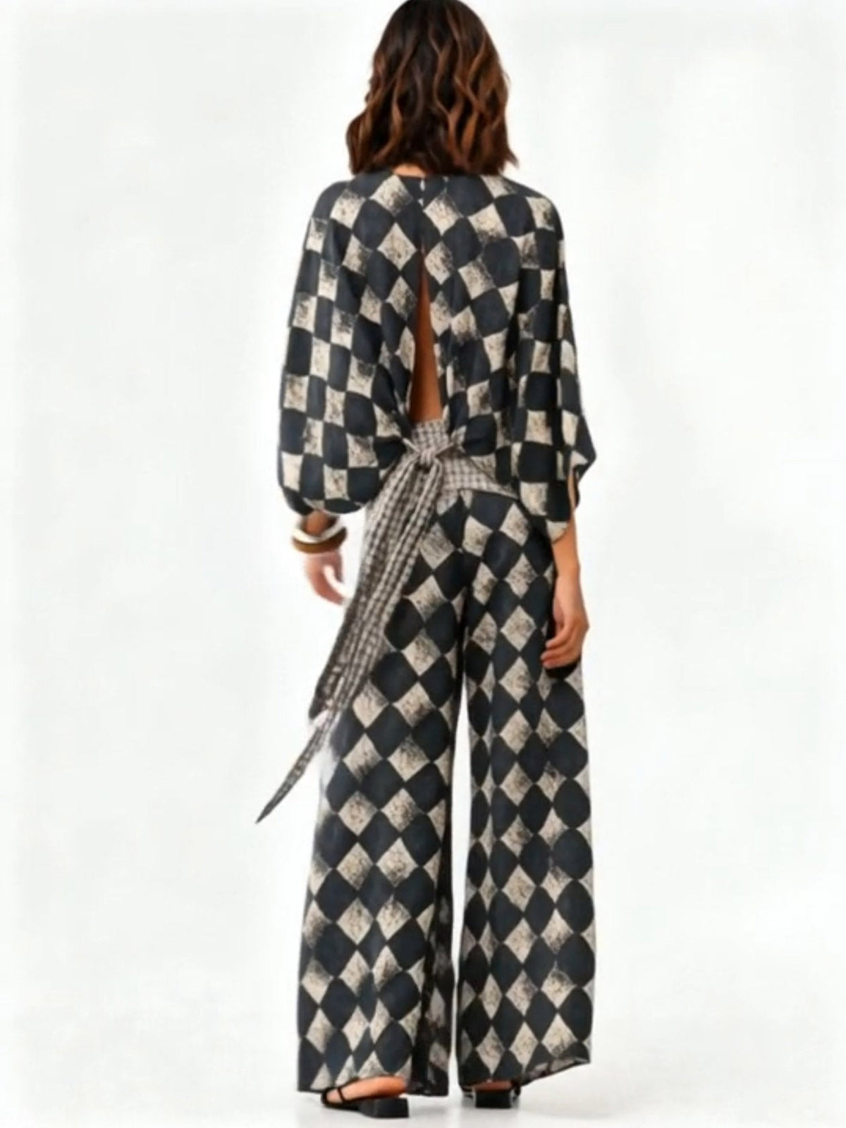 Casual Abstract Plaid Print Kimono Shirt & Pants Two-Piece Set