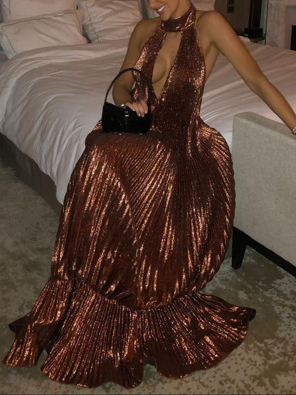 Elegant Metallic Pleated Halter Keyhole Maxi Dress