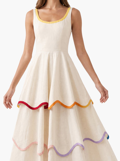 Elegant Color Trim Tiered Ruffle Sleeveless Maxi Dress