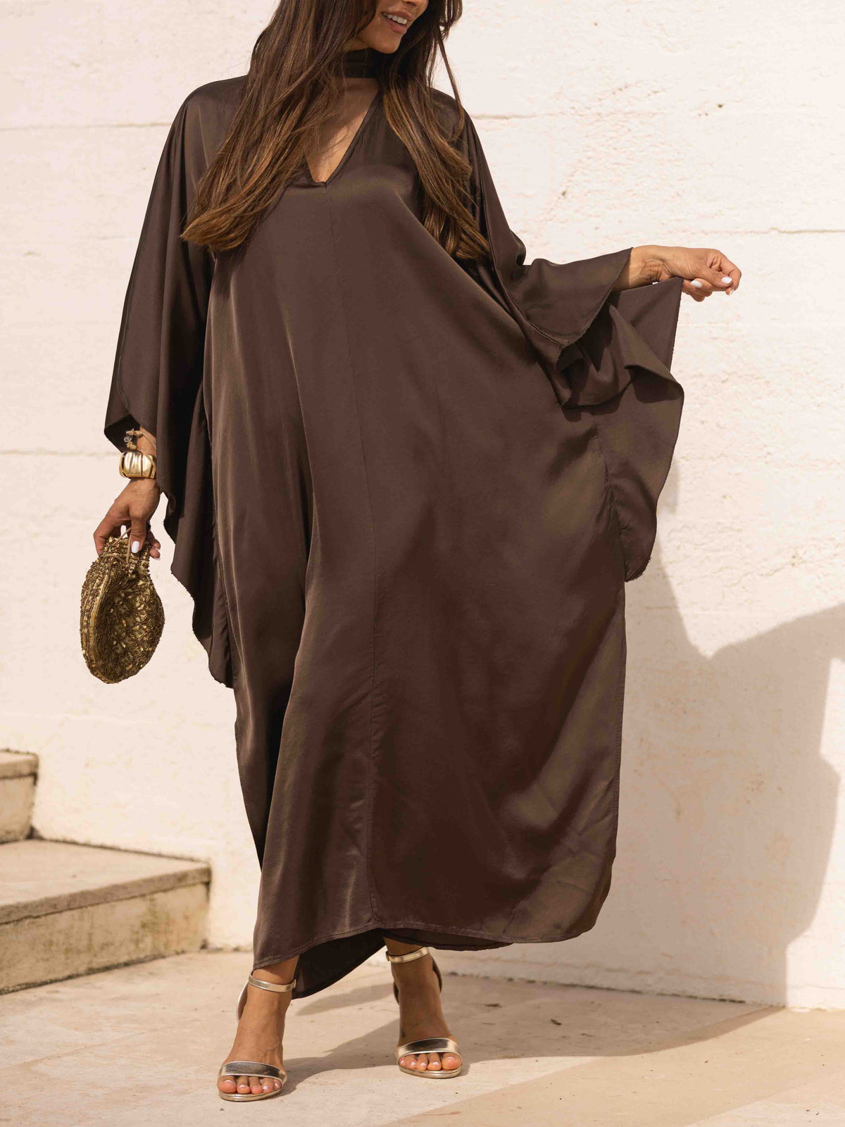 Elegant Satin Choker Neck Batwing Sleeve Kaftan Maxi Dress