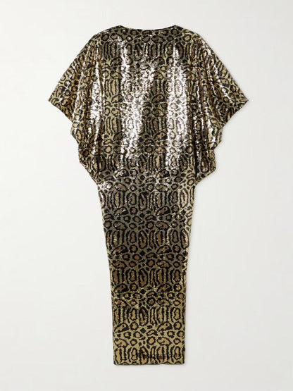 Elegant Leopard Sequin Kaftan Maxi Dress