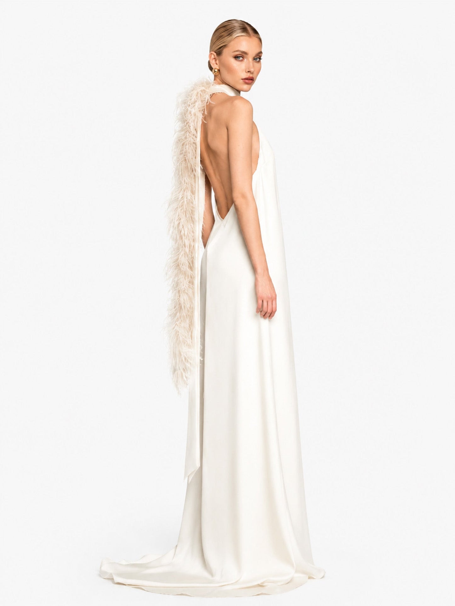 Elegant Satin Halter Feather-Trim Maxi Dress