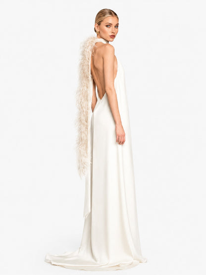 Elegant Satin Halter Feather-Trim Maxi Dress