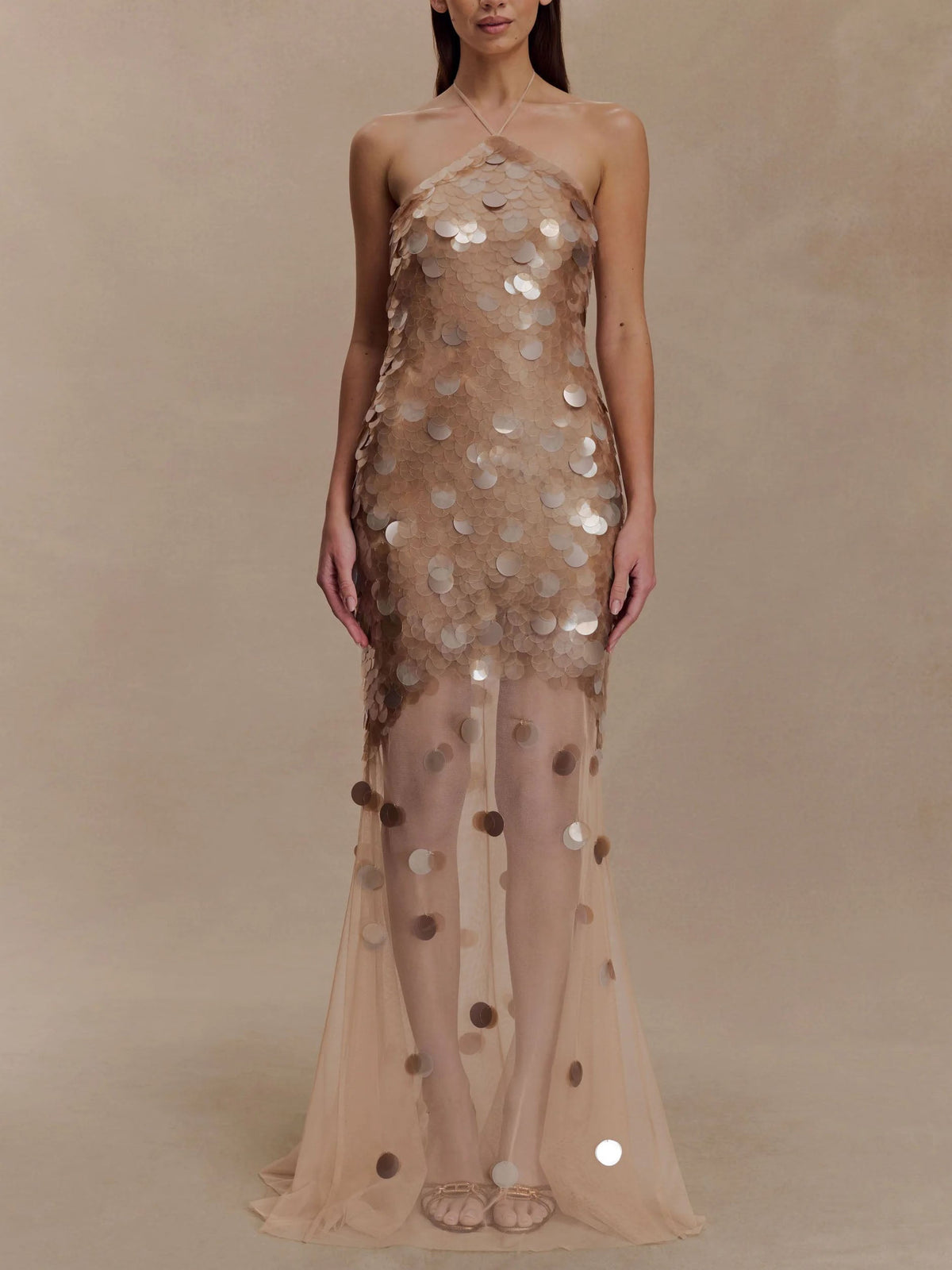 Elegant Iridescent Sequin Halter Neck Evening Maxi Dress