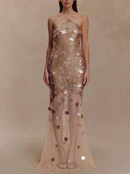 Elegant Iridescent Sequin Halter Neck Evening Maxi Dress