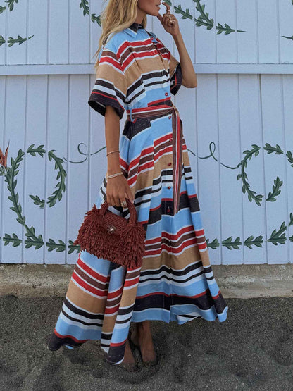 Casual Striped Self-Tie Waist Shirt Midi Dress