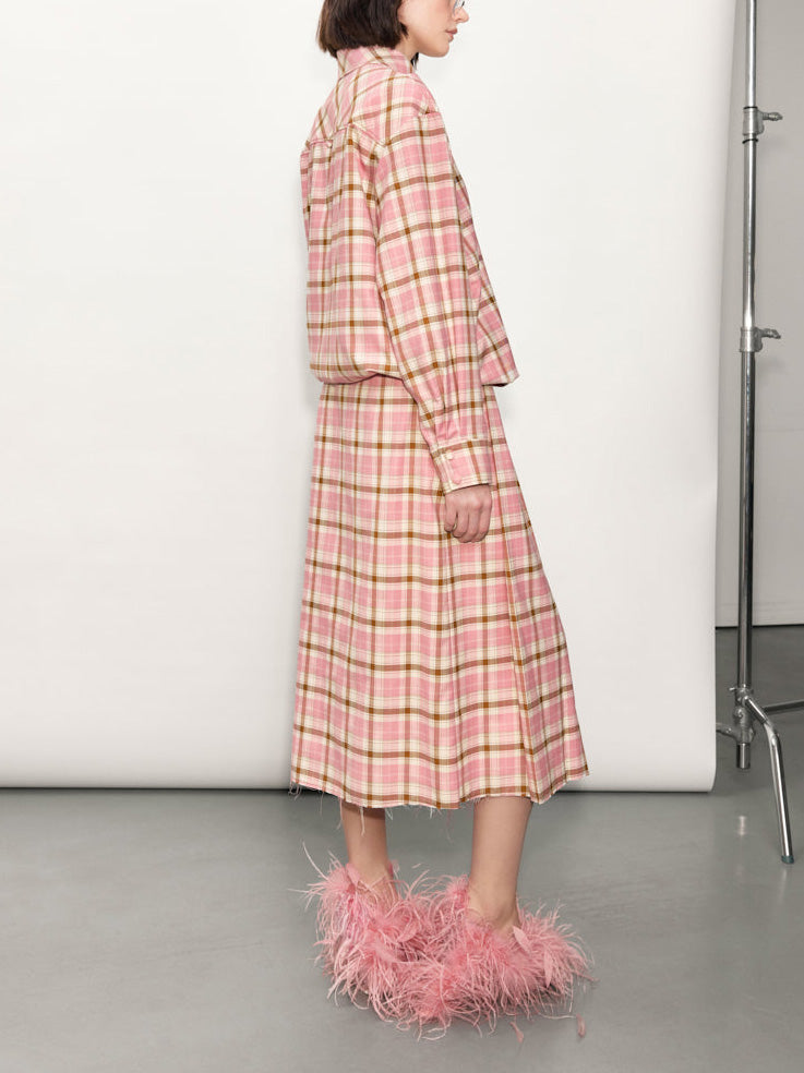 Classic Plaid Loose Shirt & Feather-Trim Skirt Two-Piece Set